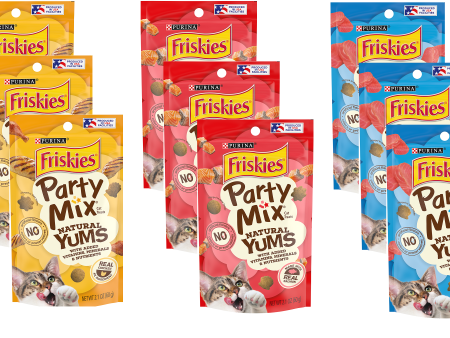 (9 Pack ) Friskie-Party Mix Natural YUMS with Real Variety Packs(3 Tuna, 3 Salmon,3 Chicken) Cat Treats 2,1 oz 60 gr Online now